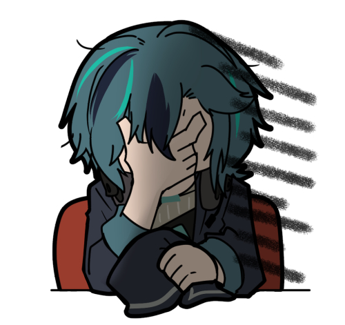 1boy artist_request black_hair black_hat black_jacket chibi chibi_only chinese_commentary facepalm girls&#039;_frontline girls&#039;_frontline_neural_cloud gloom_(expression) green_hair hat headphones headphones_around_neck holding holding_unworn_clothes holding_unworn_hat jacket lowres male_focus official_art second-party_source solo unworn_hat unworn_headwear yuwang_(neural_cloud)
