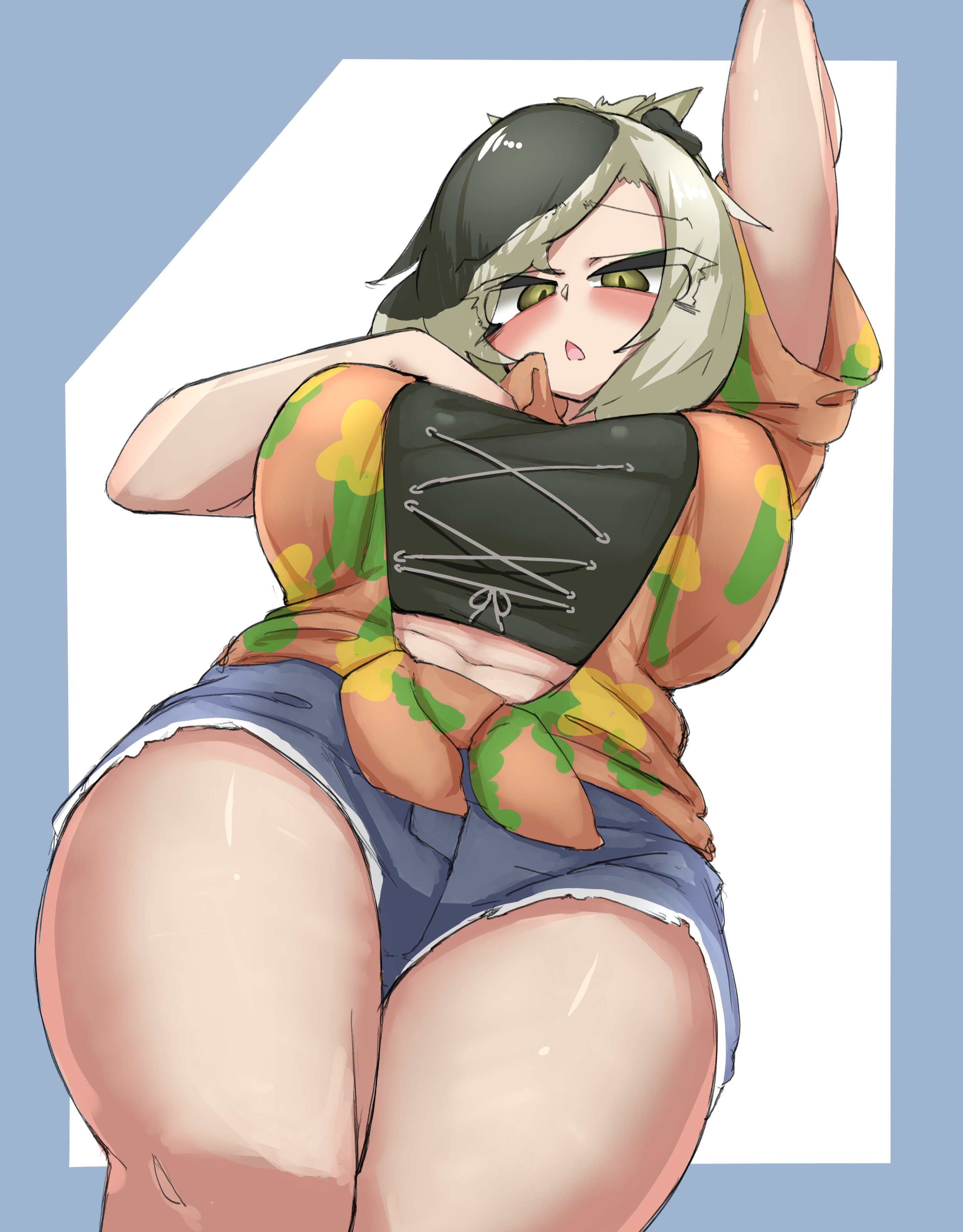 1girl absurdres arm_up belly blush border breasts curvy from_below green_eyes green_hair hand_on_own_chest hand_up highres huge_breasts kemono_friends looking_at_viewer multicolored_hair navel official_alternate_costume open_mouth outside_border saltwater_crocodile_(kemono_friends) shirt short_shorts short_sleeves shorts slit_pupils solo tied_shirt urisaba