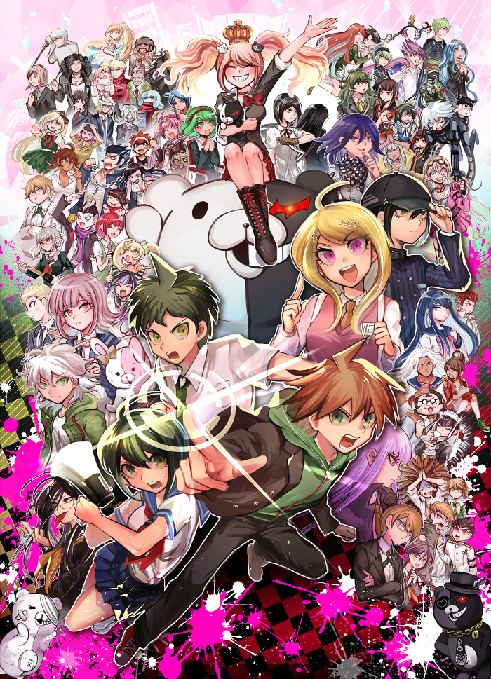 6+boys 6+girls :d absolutely_everyone akamatsu_kaede amami_rantaro ando_ruruka arm_up asahina_aoi asahina_yuta bandaged_head bandages bandai_daisaku black_hair black_headwear black_jacket blonde_hair blue_hair blush breasts brown_hair brown_jacket celestia_ludenberg chabashira_tenko chain character_request check_character clenched_hand closed_eyes collared_shirt commentary_request crown daimon_masaru_(danganronpa) danganronpa:_trigger_happy_havoc danganronpa_(series) danganronpa_2:_goodbye_despair danganronpa_3_(anime) danganronpa_another_episode:_ultra_despair_girls danganronpa_v3:_killing_harmony dress enoshima_junko everyone flipped_hair fortissimo fujisaki_chihiro fujisaki_taichi fukawa_toko gekkogahara_miaya genocider_shou glasses gokuhara_gonta great_gozu green_hair green_hoodie green_jacket grin hagakure_hiroko hagakure_yasuhiro hair_horns hair_ornament hairclip hanamura_teruteru hand_up harukawa_maki hat hinata_hajime hood hoodie hoshi_ryoma ikusaba_mukuro index_finger_raised iruma_miu ishimaru_kiyotaka izayoi_sounosuke jacket k1-b0 kemuri_jataro kimura_seiko kirigiri_kyoko kizakura_kouichi koizumi_mahiru komaeda_nagito kurokuma_(danganronpa) kuwata_leon kuzuryu_fuyuhiko large_breasts long_hair long_sleeves looking_at_viewer maizono_sayaka medium_hair mioda_ibuki mitarai_ryota momota_kaito monodam monokid monokuma monomi_(danganronpa) monophanie monosuke monotaro_(danganronpa) multicolored_hair multiple_boys multiple_girls munakata_kyousuke muscular muscular_female muscular_male musical_note musical_note_hair_ornament naegi_komaru naegi_makoto nakajima_kanon nanami_chiaki neck_ribbon necktie nidai_nekomaru ogami_sakura oma_kokichi open_clothes open_jacket open_mouth orange_necktie owada_mondo owari_akane pekoyama_peko pink_eyes pink_hair pink_vest ribbon saihara_shuichi saionji_hiyoko sakakura_juuzou satou_(danganronpa) school_uniform serafuku shingetsu_nagisa shinguji_korekiyo shirogane_tsumugi shirokuma_(danganronpa) shirt short_hair sk816 skirt smile soda_kazuichi sonia_nevermind tanaka_gundham teeth tengan_kazuo togami_byakuya togami_byakuya_(danganronpa_2) tojo_kirumi top_hat towa_haiji towa_monaca tsumiki_mikan twintails two-tone_hair utsugi_kotoko vest white_hair white_shirt yamada_hifumi yonaga_angie yukizome_chisa yumeno_himiko