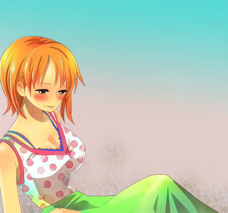 1girl blush breasts cleavage female_focus himerinco large_breasts matching_hair/eyes nami_(one_piece) one_piece orange_eyes orange_hair solo