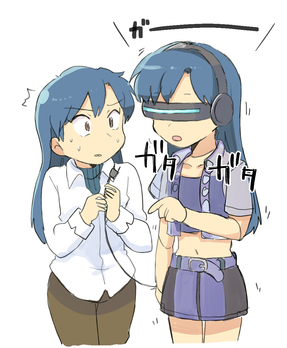 2girls belt belt_buckle blue_hair brown_eyes brown_pantyhose buckle collared_shirt constricted_pupils cowboy_shot dual_persona electric_plug head-mounted_display highres holding idolmaster idolmaster_(classic) idolmaster_1 kisaragi_chihaya long_hair long_sleeves mecha_chihaya midriff multiple_girls navel pantyhose shirt short_sleeves simple_background skirt standing sweat tsubobot white_background white_shirt