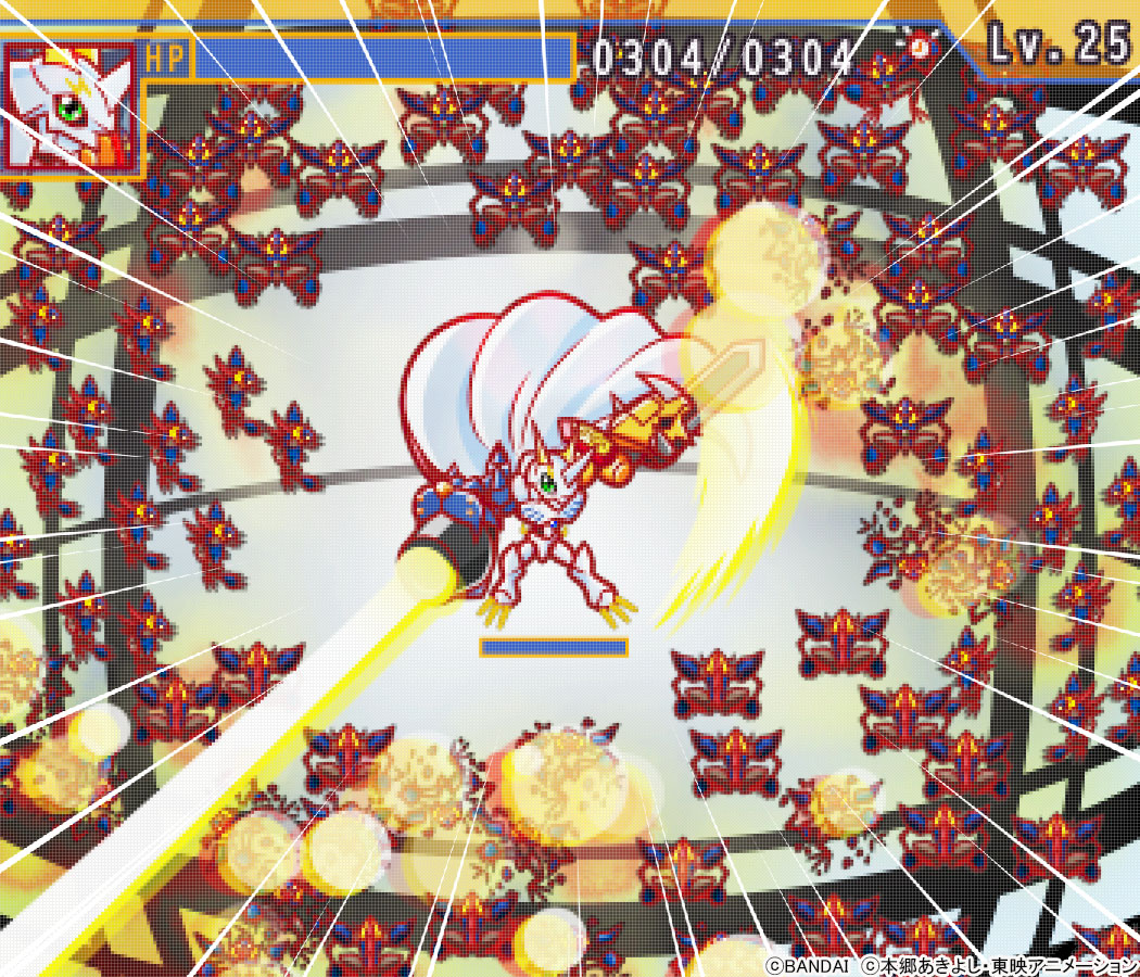arm_blade arm_cannon cape clone diablomon digimon digimon_(creature) digimon_adventure digimon_adventure:_bokura_no_war_game explosion firing health_bar horns laser mecha official_art omegamon pixel_art robot slashing weapon white_cape