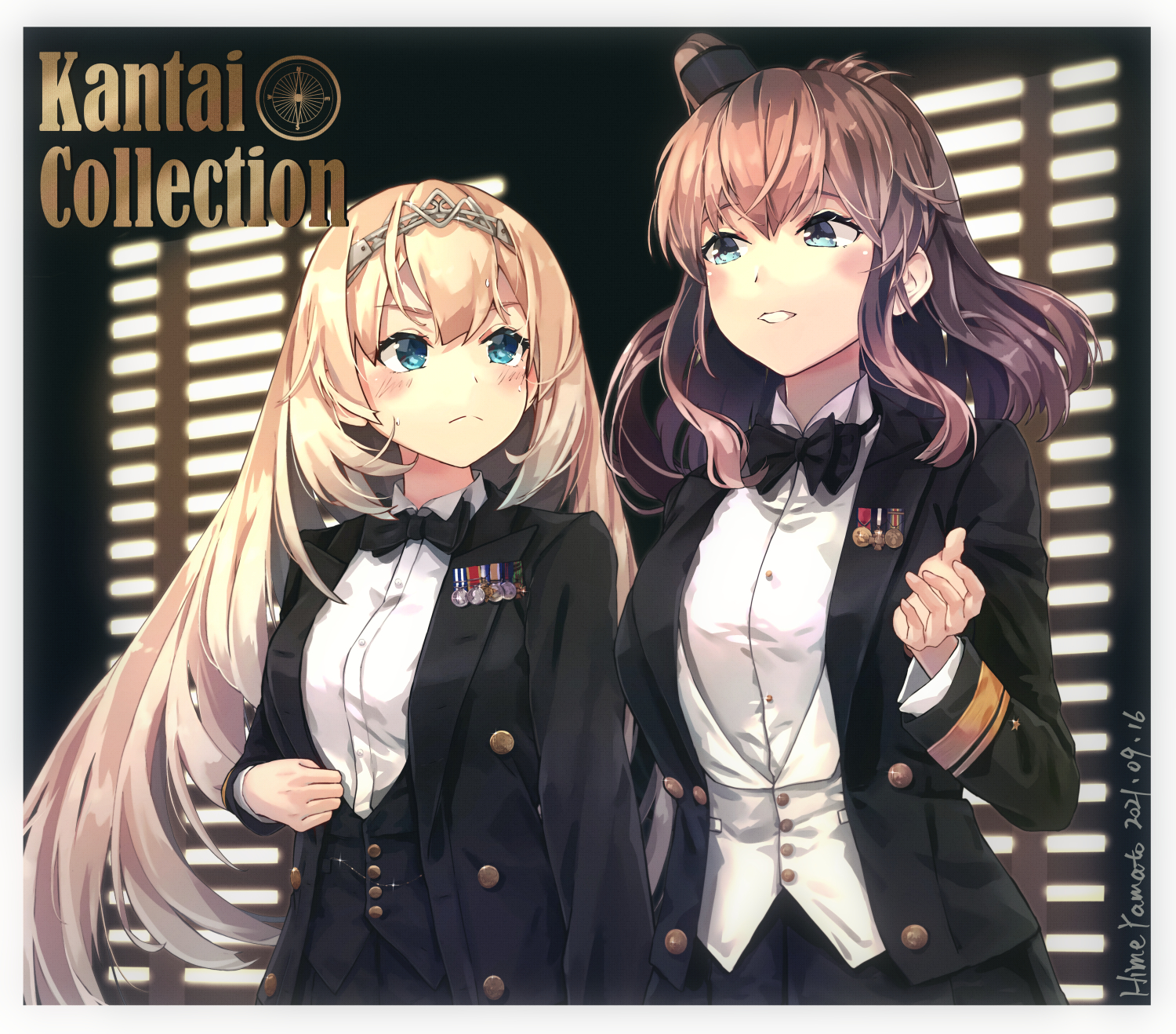 2girls alternate_costume artist_name black_bow black_neckwear black_skirt blonde_hair blue_eyes blush bow bowtie brown_hair buttons closed_mouth collared_shirt copyright_name dated hair_between_eyes hairband high_side_ponytail highres himeyamato kantai_collection long_hair long_sleeves medal multiple_girls open_mouth pleated_skirt saratoga_(kancolle) shirt side_ponytail skirt the_godfather tiara upper_body victorious_(kancolle) white_shirt