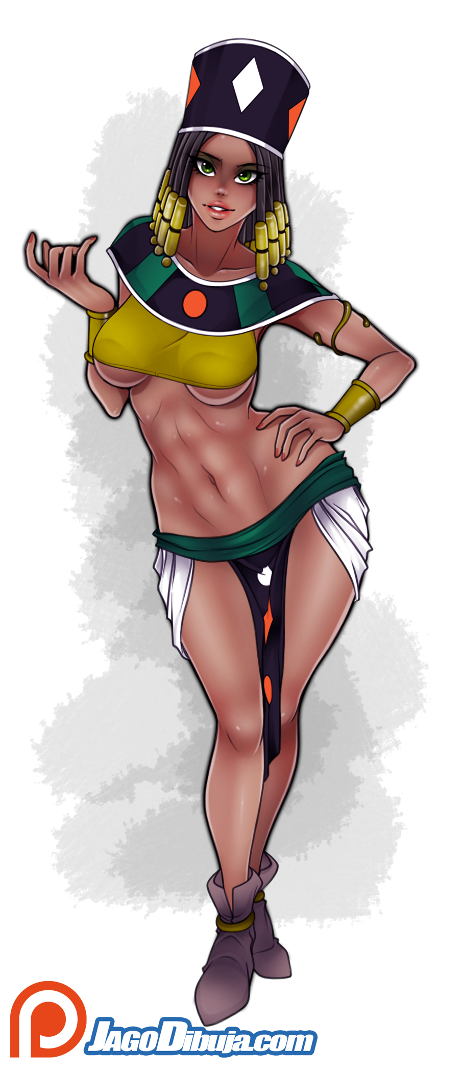 1girl abs black_hair black_shoes bracelet breasts contrapposto dark-skinned_female dark_skin dragon_ball dragon_ball_super green_eyes hand_on_own_hip hand_up hat heles_(dragon_ball_super) helles highres jago_dibuja jewelry medium_hair midriff parted_lips patreon_logo pelvic_curtain shoes smile solo underboob watermark web_address