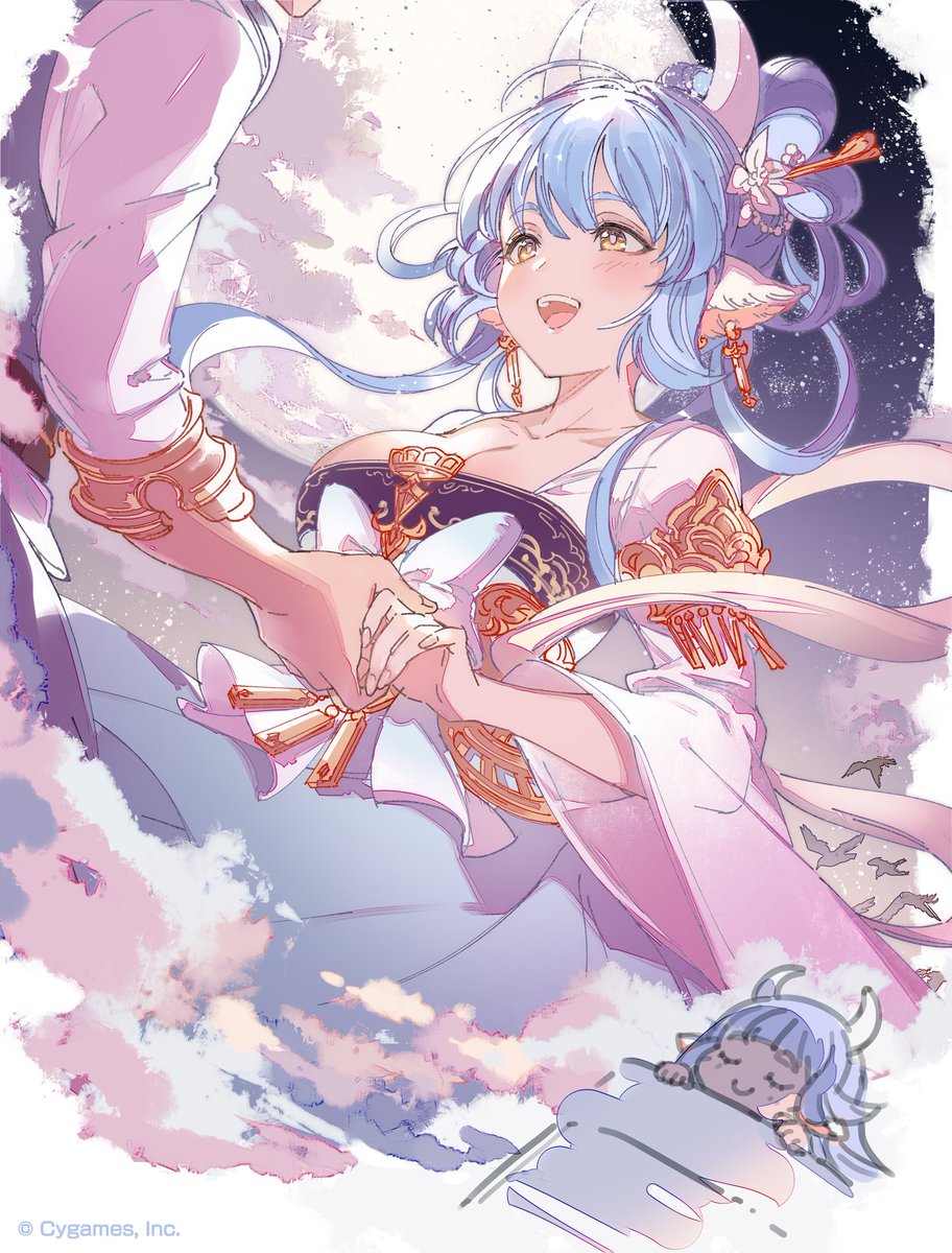 animal_ears blue_hair catura_(granblue_fantasy) cosplay cow_ears cow_girl cow_horns draph dreaming duijin_ruqun ear_piercing gran_(granblue_fantasy) granblue_fantasy hagoromo hanfu highres holding_hands horns japanese_clothes kimono night night_sky obi official_art orihime_(tanabata) orihime_(tanabata)_(cosplay) piercing print_kimono sash shawl sky sleeping star_(sky) starry_sky tanabata yukata
