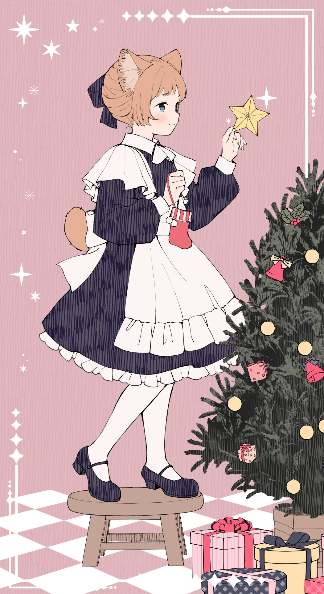 1girl animal_ears apron ascot black_dress black_hair black_shoes blue_eyes blush border bow box capelet checkered_floor christmas christmas_ornaments christmas_star christmas_stocking christmas_tree dog_ears dog_tail dress e_(eokiba) female_focus from_side full_body gift gift_box hair_bow highres maid maid_apron md5_mismatch original pantyhose profile purple_background shoes simple_background smile solo standing stool tail webp-to-png_conversion white_ascot white_capelet white_pantyhose