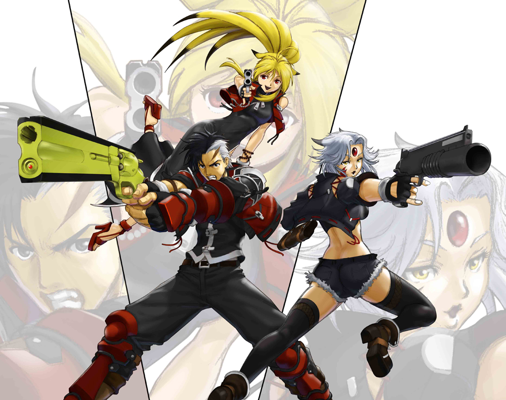 1boy 2girls ahoge aiming aiming_at_viewer animal_ears arisu_reiji banpresto belt blonde_hair capcom china_dress chinese_clothes denim denim_shorts dress fingerless_gloves forehead_jewel fox_ears gloves gun high_heels kazue midriff multicolored_hair multiple_girls namco namco_x_capcom red_eyes sandals saya_(namco_x_capcom) scar shoes shorts super_robot_wars super_robot_wars_og_saga_mugen_no_frontier thighhighs two-tone_hair uniform weapon white_hair xiaomu yellow_eyes zoom_layer