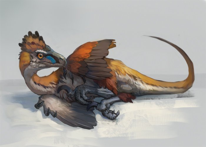animal_focus claws dinosaur feathered_wings full_body grey_background lying nablange no_humans on_side orange_eyes original raptor solo tail talons wings