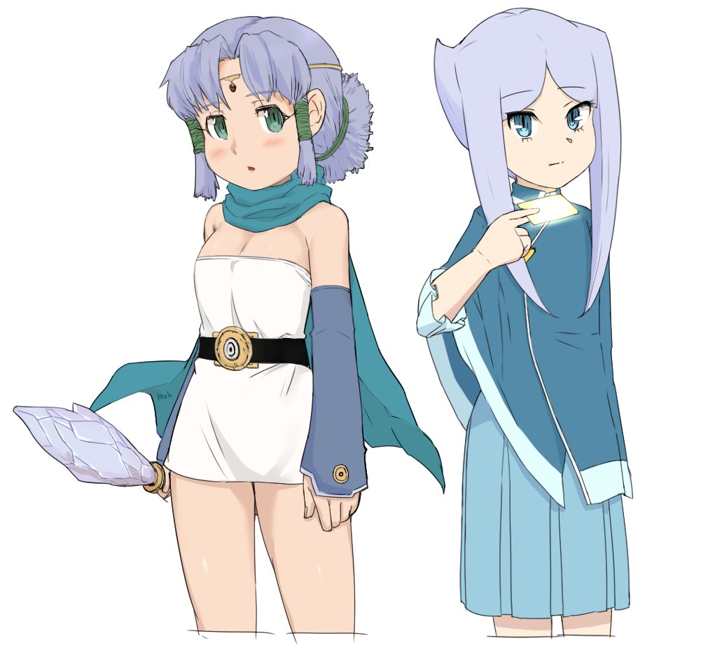 2girls blue_eyes blush breasts circlet closed_mouth dragon_quest dragon_quest_monsters dragon_quest_monsters_plus dress future_card_buddyfight green_eyes hair_tubes looking_at_viewer marumo multiple_girls nyonn24 open_mouth ponytail purple_hair scarf short_dress short_hair_with_long_locks short_ponytail silver_hair simple_background sofia_sakharov strapless strapless_dress white_background