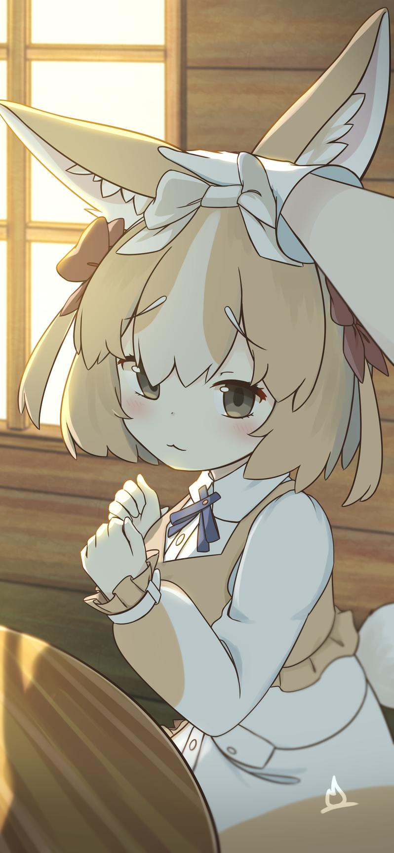 1girl 1other :3 animal_ear_fluff animal_ears blonde_hair blue_ribbon blush bow clenched_hands closed_mouth desk domestic_rabbit_(kemono_friends) dress frilled_vest frills gloves grey_eyes hair_between_eyes hair_bow headpat highres indoors kemono_friends kemono_friends_3 long_sleeves looking_at_viewer multicolored_hair neck_ribbon onefiresticks rabbit_ears red_bow ribbon short_hair short_twintails smile solo_focus streaked_hair twintails two_side_up upper_body vest white_bow white_dress white_gloves white_hair window yellow_vest