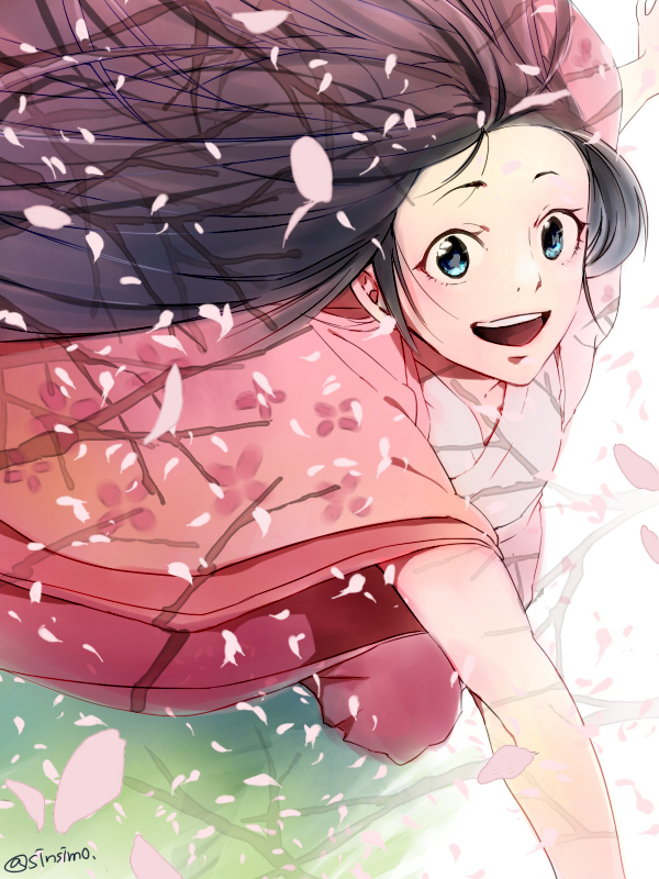 10s 1girl black_hair blue_eyes cherry_blossoms japanese_clothes kaguya-hime_no_monogatari kaguya_hime kimono long_hair looking_at_viewer morishita_makoto open_mouth petals running smile studio_ghibli taketori_monogatari very_long_hair