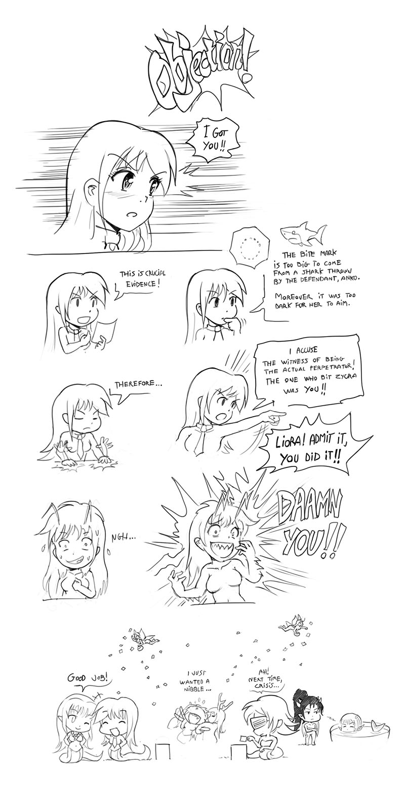6+girls ace_attorney anko_(karbo) anna_(karbo) blindfold chibi crisis felarya highres karbo lamia liora_(felarya) melany_(karbo) monochrome monster_girl multiple_girls necktie vivian_(karbo) zycra