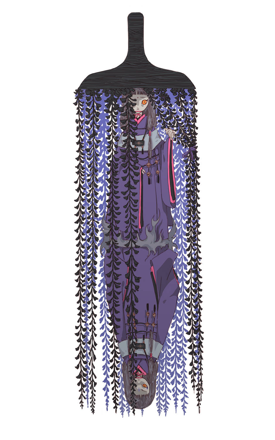 2girls :o amulet bell black_flower black_headwear blunt_bangs chin_strap colored_skin conjoined demon facial_mark floating flower forehead_mark grey_skin hair_tubes hand_up highres ichimegasa japanese_clothes jingle_bell kimono long_hair long_sleeves looking_at_viewer mirror_twins multiple_girls orange_eyes original plant_roots purple_flower purple_kimono shawl sheep_(sheepeden) sleeves_past_wrists slit_pupils smirk standing straight_hair upside-down wide_sleeves wisteria worried
