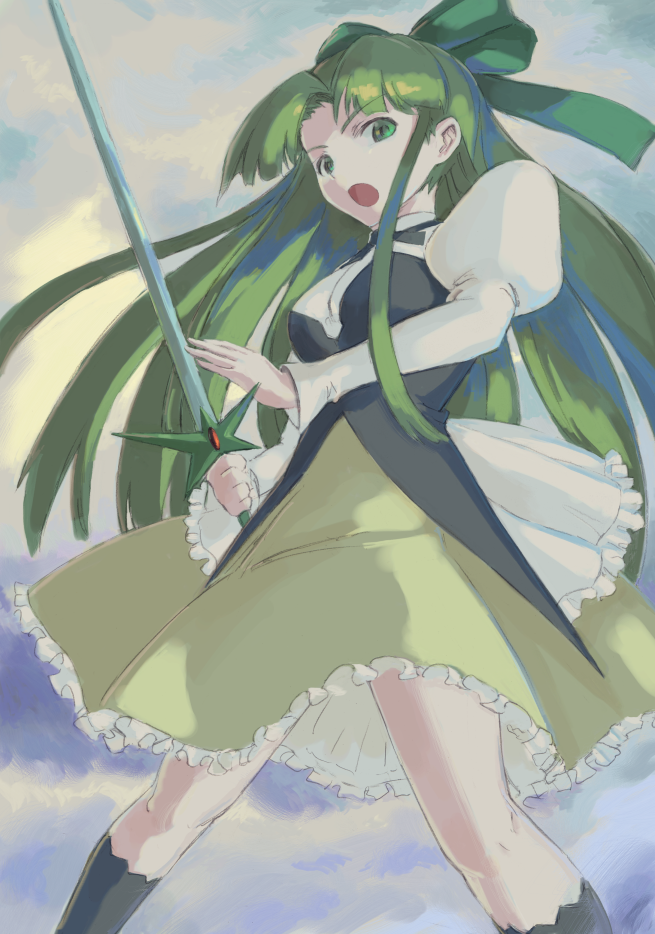 1girl black_socks bow fia_(riviera) frilled_skirt frills green_bow green_eyes green_hair green_skirt hair_bow hair_intakes holding holding_sword holding_weapon juliet_sleeves kneehighs legs_apart long_hair long_sleeves open_mouth puffy_sleeves riviera skirt socks solo sword vaison weapon