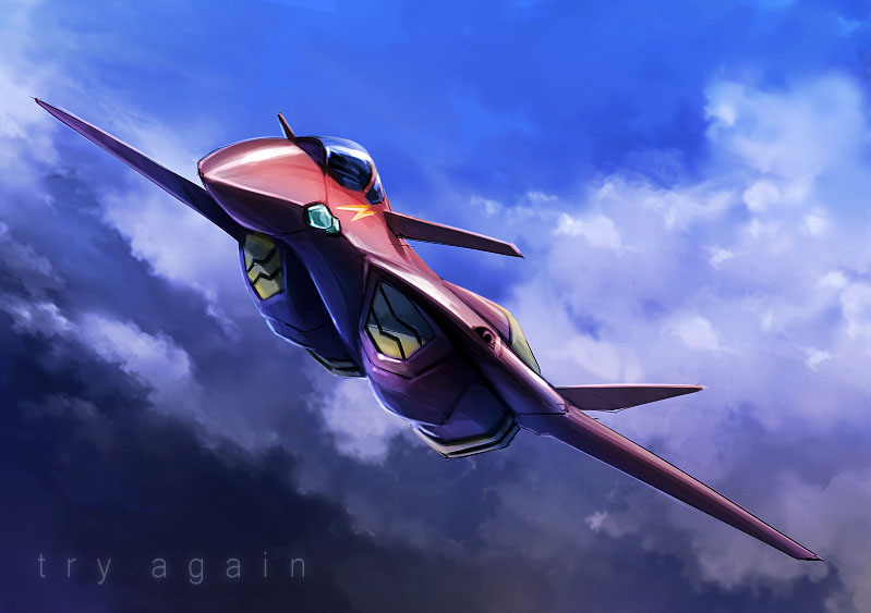 1990s_(style) aircraft airplane canards cloud english_text fire_valkyrie flying jet macross macross_7 mecha no_humans realistic retro_artstyle robot science_fiction taedu vehicle_focus