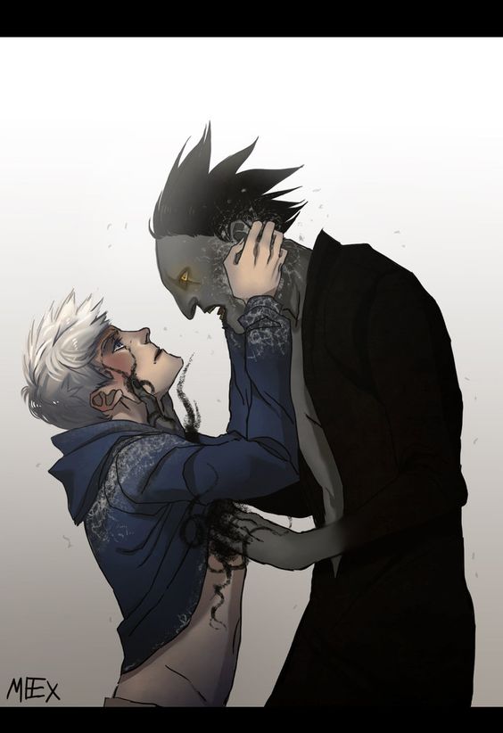 2boys bad_source blue_jacket blush darkness height_difference jack_frost_(rise_of_the_guardians) jacket male_focus multiple_boys pitch_black_(rise_of_the_guardians) snow