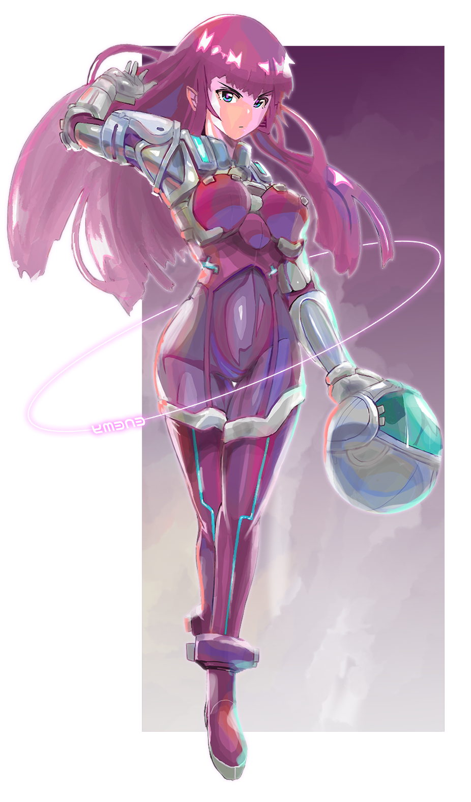 1girl blue_eyes blunt_bangs bodysuit breasts closed_mouth commentary_request full_body helmet highres holding holding_helmet ken_marinaris long_hair looking_at_viewer medium_breasts orbital_frame_(zone_of_the_enders) phlogiston_drow pilot_helmet pilot_suit pink_bodysuit pink_hair red_bodysuit revision simple_background skin_tight solo space_helmet standing unworn_headwear unworn_helmet very_long_hair white_background zone_of_the_enders zone_of_the_enders_2