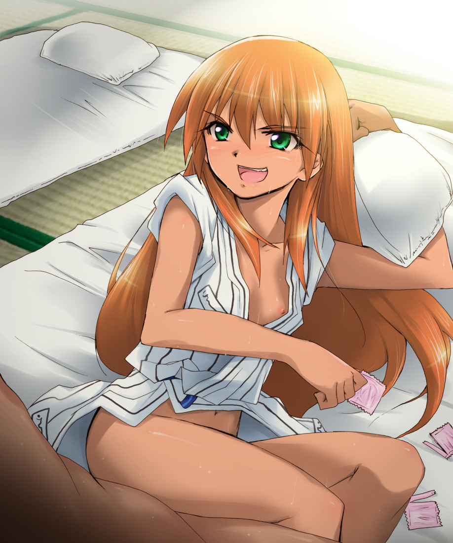 1boy 1girl akai_homura bottomless breasts condom condom_wrapper faceless faceless_male flat_chest futon green_eyes hetero japanese_clothes kaiga kimono legs_together long_hair lying nipple_slip nipples no_bra no_panties on_side open_clothes open_kimono orange_hair pillow sex small_breasts sweat tokimeki_memorial tokimeki_memorial_2