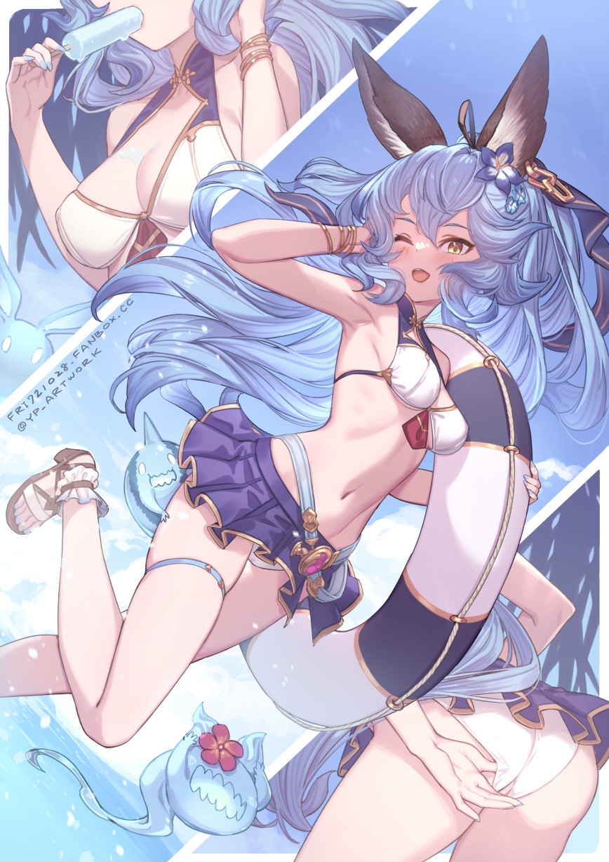 1girl ;d animal_ear_fluff animal_ears arm_up armpits artist_name ass bare_shoulders belt bikini bikini_skirt black_skirt blue_flower blue_hair blue_nails blue_sky blush bracelet breasts cleavage collarbone creature dated day dutch_angle eating erune ferry_(granblue_fantasy) ferry_(summer)_(granblue_fantasy) flower food granblue_fantasy hair_flower hair_ornament hand_in_own_hair highres holding holding_food jewelry leaning_forward leg_up lifebuoy long_hair looking_at_viewer medium_breasts multiple_views nail_polish one_eye_closed open_mouth outdoors popsicle sandals skindentation skirt sky smile swim_ring swimsuit thigh_strap upper_body very_long_hair white_bikini yellow_eyes yellowpaint.