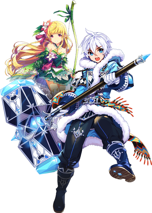 1boy 1girl :o ahoge bare_shoulders belt black_pants blonde_hair blue_eyes blue_footwear boots bow_(weapon) dress elf flower full_body gloves green_dress hair_between_eyes hair_flower hair_ornament long_hair official_art pants parted_lips pointy_ears scarf teria_saga transparent_background very_long_hair war_hammer warhammer weapon white_gloves white_hair yuri_(teria_saga)