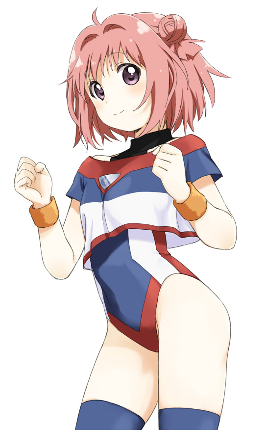 1girl ahoge akaza_akari battle_athletes blue_thighhighs clenched_hands cosplay cowboy_shot crop_top hair_bun hair_intakes highleg highleg_leotard kanzaki_akari kanzaki_akari_(cosplay) leotard name_connection pink_hair shikou_sakugo_(qqap9gt9k) short_hair simple_background single_hair_bun solo thighhighs white_background wristband yuruyuri