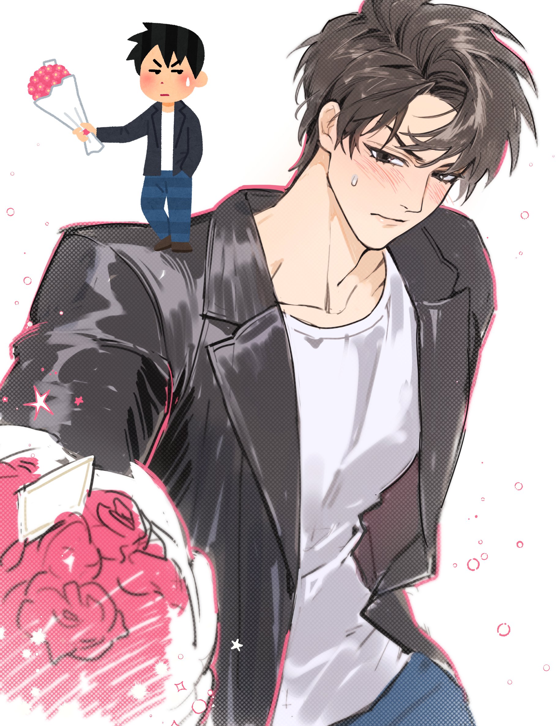 1boy black_hair black_jacket blue_pants blush bouquet brown_eyes chohyojeong closed_mouth collarbone commentary crew_neck denim flower hair_behind_ear hashtag-only_commentary highres holding holding_bouquet irasutoya irasutoya_challenge jacket jeans lapels leather leather_jacket male_focus notched_lapels open_clothes open_jacket pants parted_hair red_flower reference_inset shirt short_hair solo standing sweatdrop t-shirt white_background white_shirt