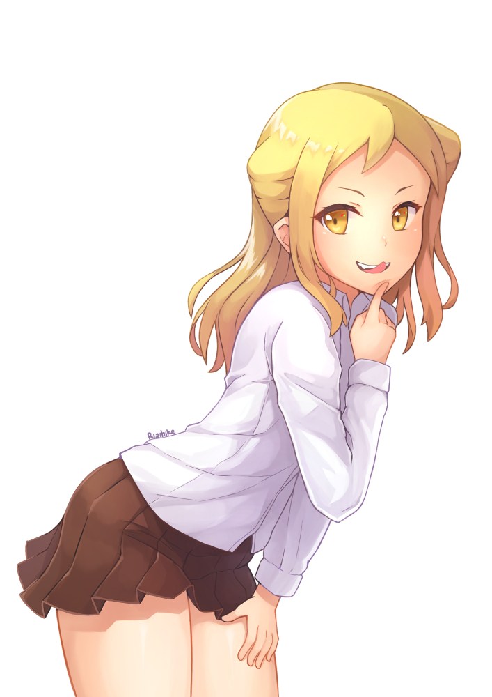 10s 1girl blonde_hair cone_hair_bun demi-chan_wa_kataritai double_bun dress_shirt fang female_focus hair_bun leaning_forward long_hair looking_at_viewer miniskirt open_mouth pleated_skirt rizihike school_uniform shirt skirt smile solo takanashi_hikari v vampire white_background white_shirt yellow_eyes