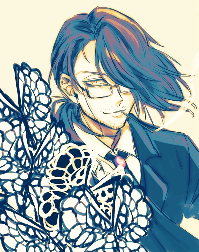 1boy beard_stubble black_butterfly black_necktie black_suit brooch brown_hair bug butterfly cigarette collared_shirt curtained_hair e.g.o_(project_moon) facial_hair formal_clothes glasses gregor_(project_moon) grin hair_flowing_over hair_over_one_eye insect jewelry limbus_company looking_at_viewer low_ponytail male_focus necktie ponytail prmn_yumaru project_moon shirt smile smoking solemn_lament_(e.g.o) solo stubble suit too_many too_many_butterflies white_butterfly white_shirt yellow_background yellow_eyes