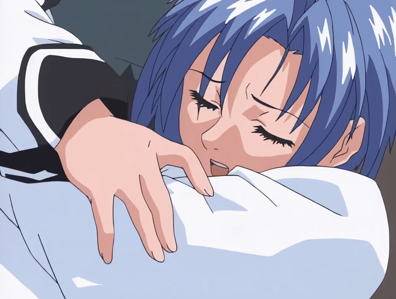 00s 1boy 1girl 2001 animated animated_gif arms_around_neck asada_(bible_black) bible_black bible_black_night_of_the_walpulgiss blue_hair closed_eyes clothed_sex hetero locker locker_room mind_control moaning murai_ayumi school_uniform short_hair tagme