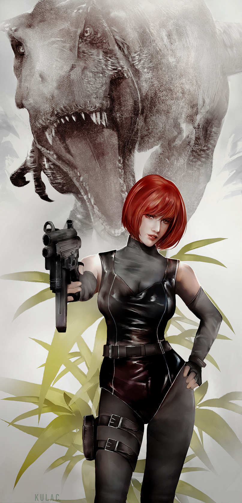 1girl black_gloves black_leotard bodysuit breasts dino_crisis dinosaur elbow_gloves fingerless_gloves gloves gun h&amp;k_mp5k highres holding holding_weapon leotard lips looking_at_viewer momokulala red_hair regina_(dino_crisis) short_hair skin_tight solo submachine_gun turtleneck tyrannosaurus_rex weapon