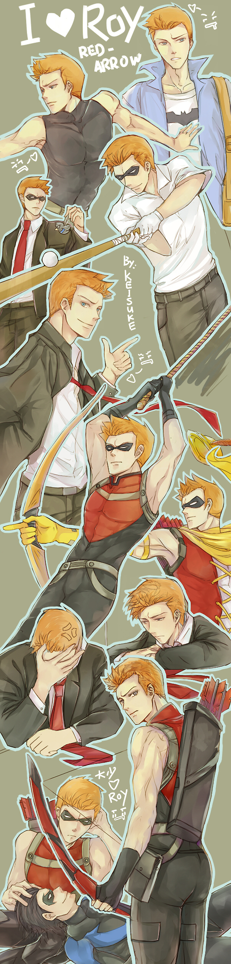 6+boys alternate_costume arrow_(projectile) bad_id bad_tumblr_id baseball_bat bat_(symbol) blue_eyes bow_(weapon) dc_comics dick_grayson domino_mask formal_clothes gloves hand_over_face hat highres long_image male_focus mask mrkeisuke multiple_boys multiple_persona necktie nightwing orange_hair quiver red_arrow red_hair roy_harper scarf speedy suit superhero_costume tall_image weapon young_justice young_justice:_invasion