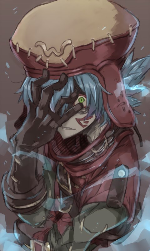 .hack// .hack//g.u. 1boy azure_kite belt blue_hair buckle facepaint facial_mark gloves green_eyes hand_on_own_face hans.b hat kite_(.hack//) male_focus shaded_face simple_background solo stitches