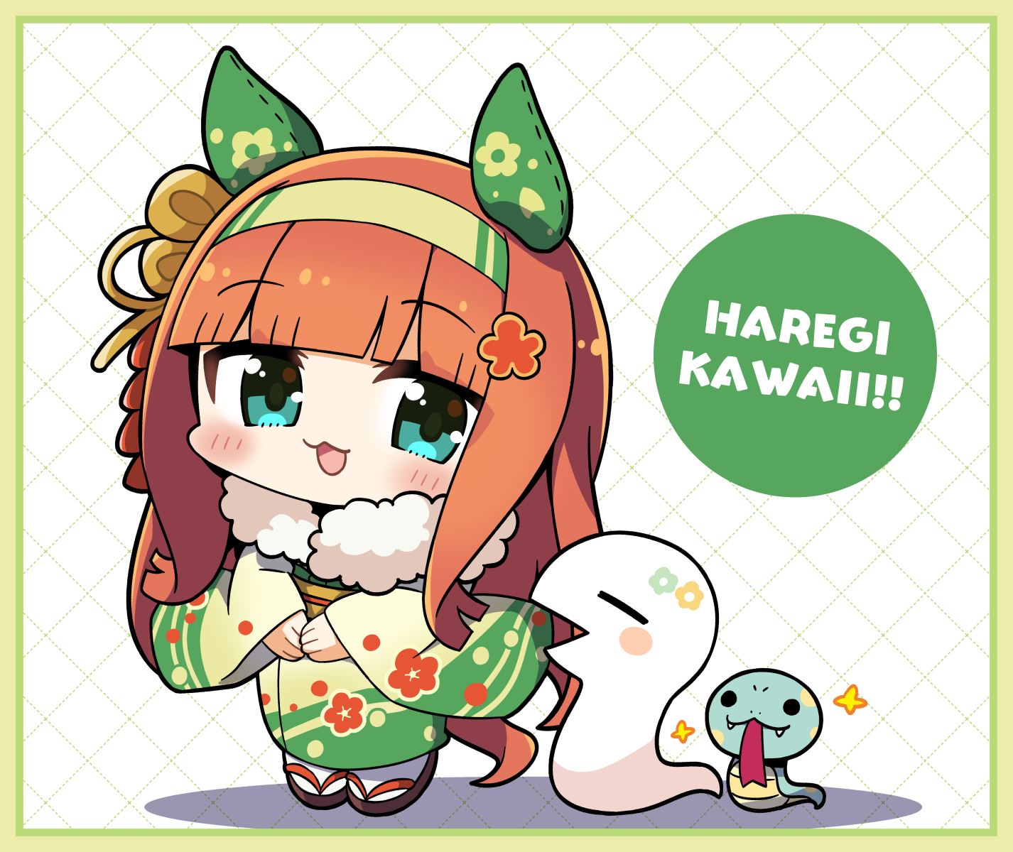 1girl :3 :d animal_ears black_sandals blunt_bangs blush border chibi chibi_only chinese_zodiac commentary_request ear_covers floral_print floral_print_kimono full_body fur_collar green_eyes green_kimono grid_background hairband highres horse_ears horse_girl horse_tail japanese_clothes kimono long_hair long_sleeves looking_at_viewer okobo open_mouth orange_hair platform_sandals plover print_kimono romaji_text sandals silence_suzuka_(umamusume) smile snake solo standing tabi tail umamusume white_background wide_sleeves year_of_the_snake yellow_border yellow_hairband