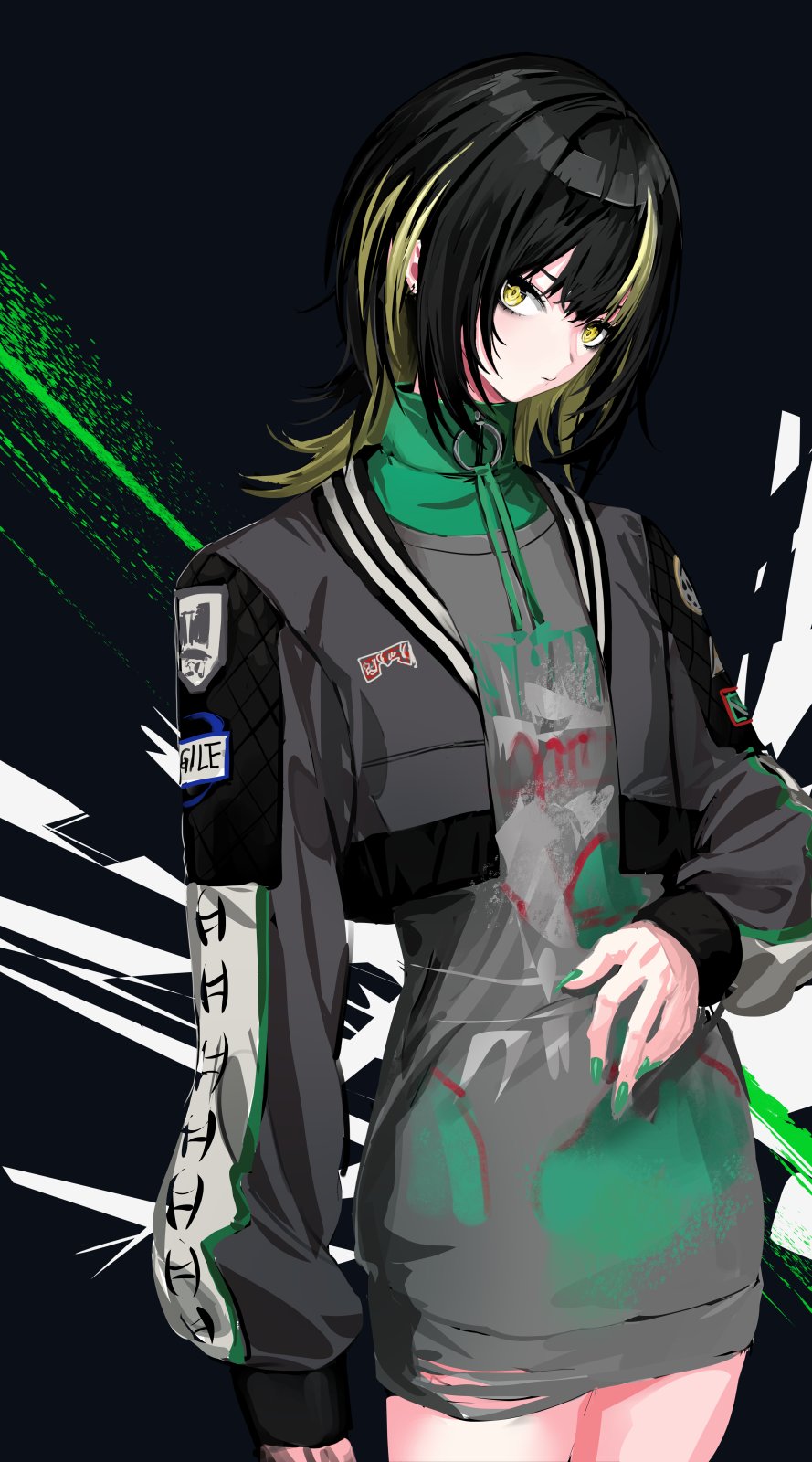 1girl black_hair blonde_hair blue_background closed_mouth commentary cowboy_shot cropped_jacket earrings green_nails grey_jacket grey_shirt grey_skirt highres idolmaster idolmaster_shiny_colors ikaruga_luca infukun jacket jewelry long_sleeves looking_at_viewer medium_hair multicolored_hair nail_polish open_clothes open_jacket shirt skirt solo streaked_hair two-tone_hair yellow_eyes