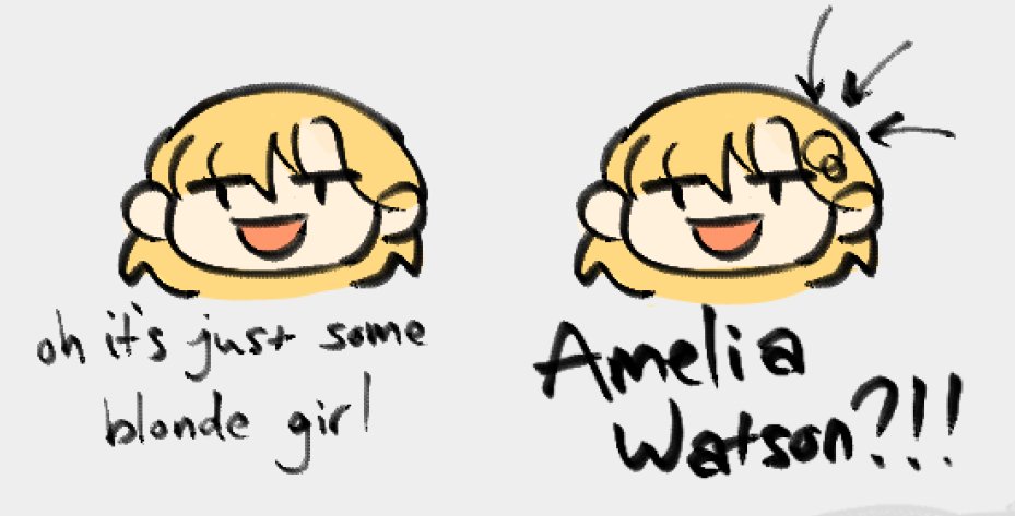 2girls :d arrow_(symbol) blonde_hair commentary english_commentary hair_ornament head_only hololive hololive_english jitome medium_hair meme multiple_girls oh_it&#039;s_just_some_girl_(meme) open_mouth sketch smile t_t trishot virtual_youtuber watson_amelia