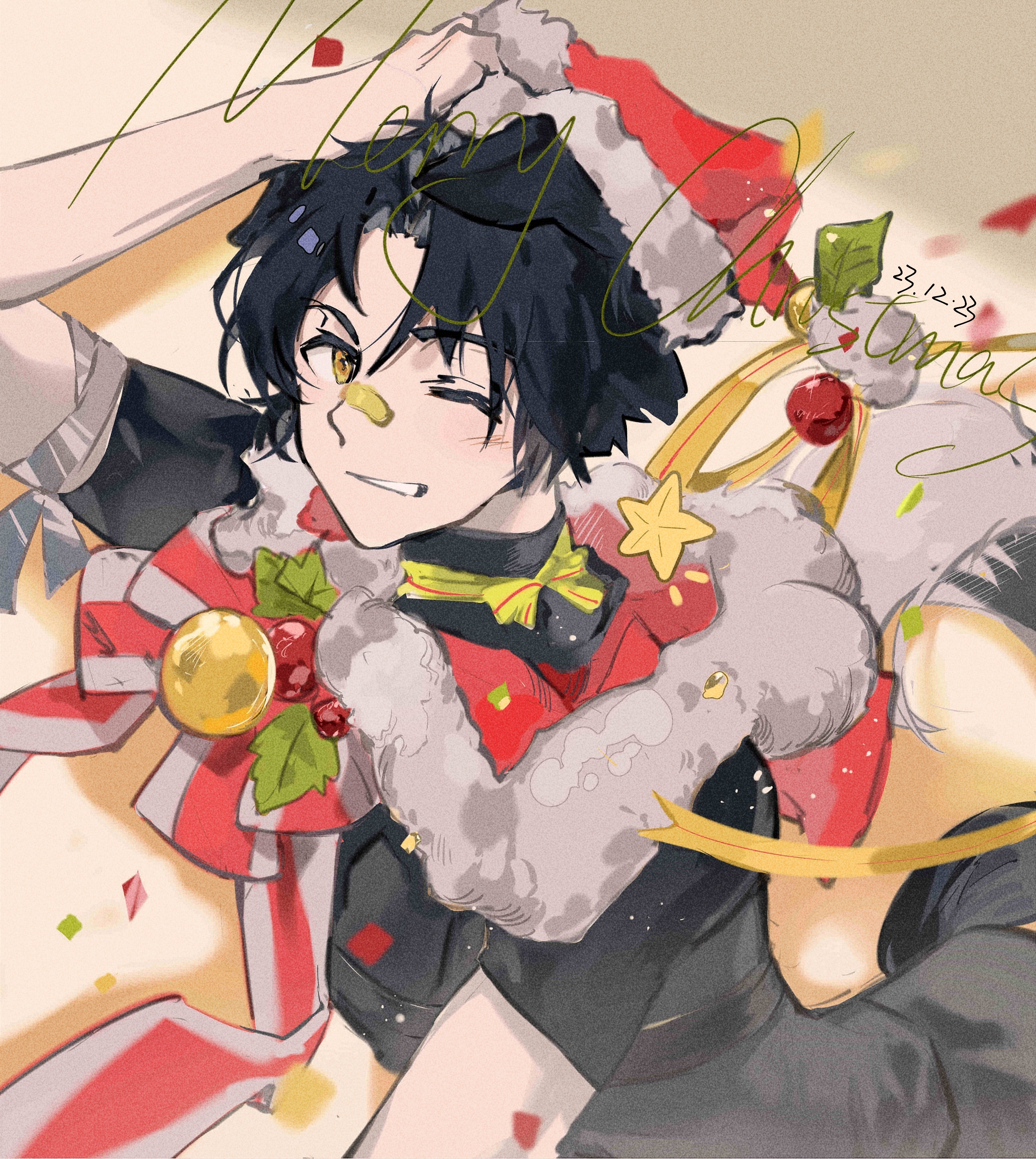 1boy absurdres adjusting_clothes adjusting_headwear animal_ears arknights arm_up bandaid bandaid_on_face bandaid_on_nose black_hair black_pants black_shirt capelet christmas commentary dated dog_boy dog_ears dog_tail fur_trim hat highres looking_at_viewer male_focus merry_christmas one_eye_closed orange_eyes pants red_capelet red_hat santa_capelet santa_hat shirt short_hair short_sleeves solo tail teeth windflit_(arknights) yuanti_niao