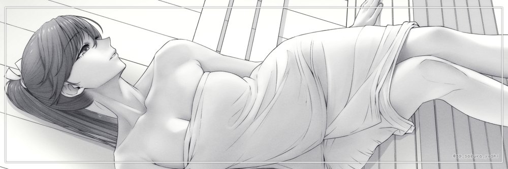 1girl bench breasts cleavage commentary_request feet_out_of_frame greyscale houshou_(kancolle) houshou_(sauna)_(kancolle) kantai_collection long_hair looking_to_the_side medium_breasts monochrome naked_towel ponytail sauna sideways sitting solo towel yuichi_(sp_sakura_yoshi)