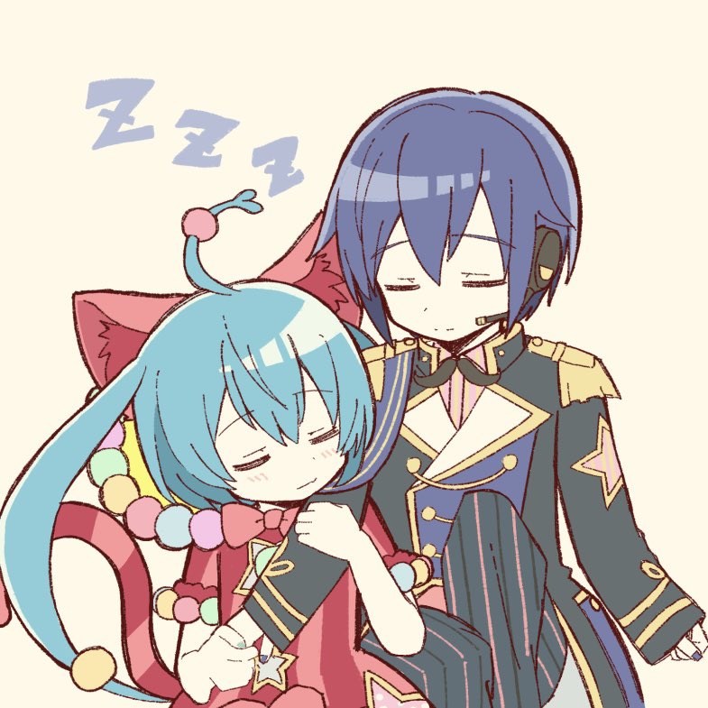 00chb 1boy 1girl ahoge animal_ears aqua_hair aqua_nails black_jacket black_pants blue_hair blue_nails blush bow bowtie buttons capelet cat_ears cat_tail commentary_request double-breasted dress epaulettes fake_facial_hair fake_mustache hatsune_miku headset holding_another&#039;s_arm jacket kaito_(vocaloid) long_hair long_sleeves pants pom_pom_(clothes) project_sekai red_bow red_bowtie red_dress short_hair short_sleeves sidelocks simple_background sitting sleeping star_(symbol) striped_clothes striped_pants tail twintails vocaloid wonderlands_x_showtime_kaito wonderlands_x_showtime_miku zzz
