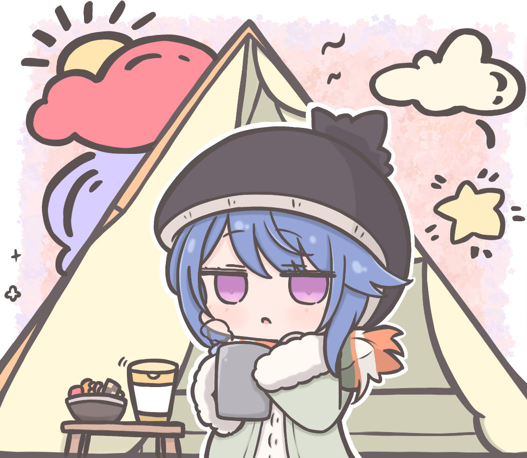 1girl black_hat blue_hair bowl chibi chibi_only cloud coat commentary cup fur-trimmed_coat fur_trim futaba_(anti_clockwise) green_coat hat holding holding_cup looking_at_viewer purple_eyes shima_rin solo sun symbol-only_commentary tent yurucamp