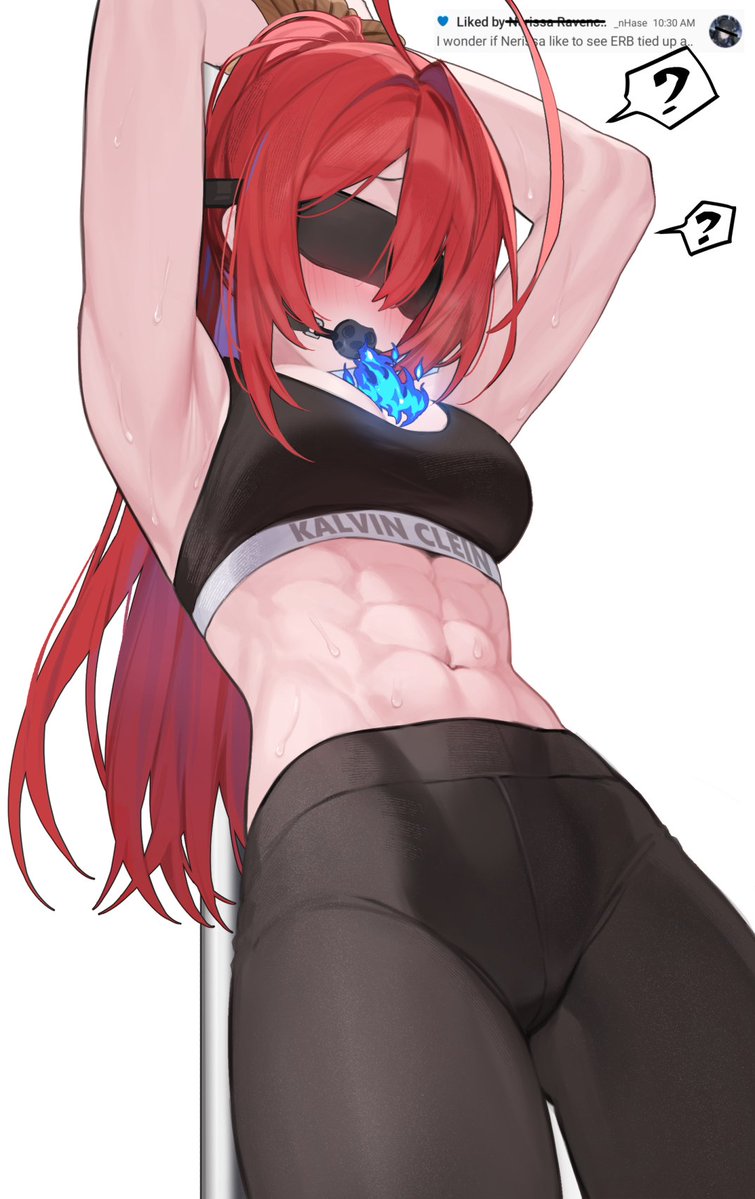 1girl ? abs ahoge alternate_costume armpits arms_up ball_gag black_blindfold black_pants black_sports_bra blindfold blue_fire blue_hair blush bound bound_wrists breasts cleavage clothes_writing colored_inner_hair commentary elizabeth_rose_bloodflame english_commentary fire fire_on_chest gag hololive hololive_english hoshi_usagi huge_ahoge long_hair medium_breasts multicolored_hair muscular muscular_female navel pants pole ponytail red_hair simple_background solo spoken_question_mark sports_bra stomach stripper_pole sweat twitter_screenshot virtual_youtuber yoga_pants
