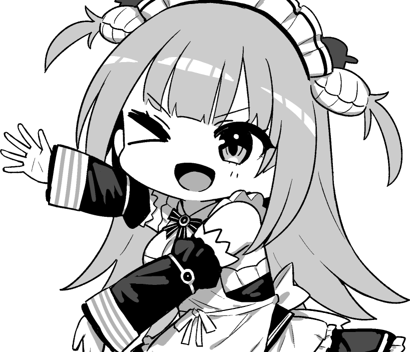 &gt;_o 1girl apron azur_lane azur_lane:_slow_ahead blush breasts chibi chibi_only cleavage corset cropped_legs detached_sleeves dress greyscale hair_ornament hori_(hori_no_su) large_breasts long_hair long_sleeves looking_at_viewer maid maid_headdress monochrome neptune_(azur_lane) one_eye_closed open_mouth ribbon short_twintails smile solo standing tongue twintails white_background