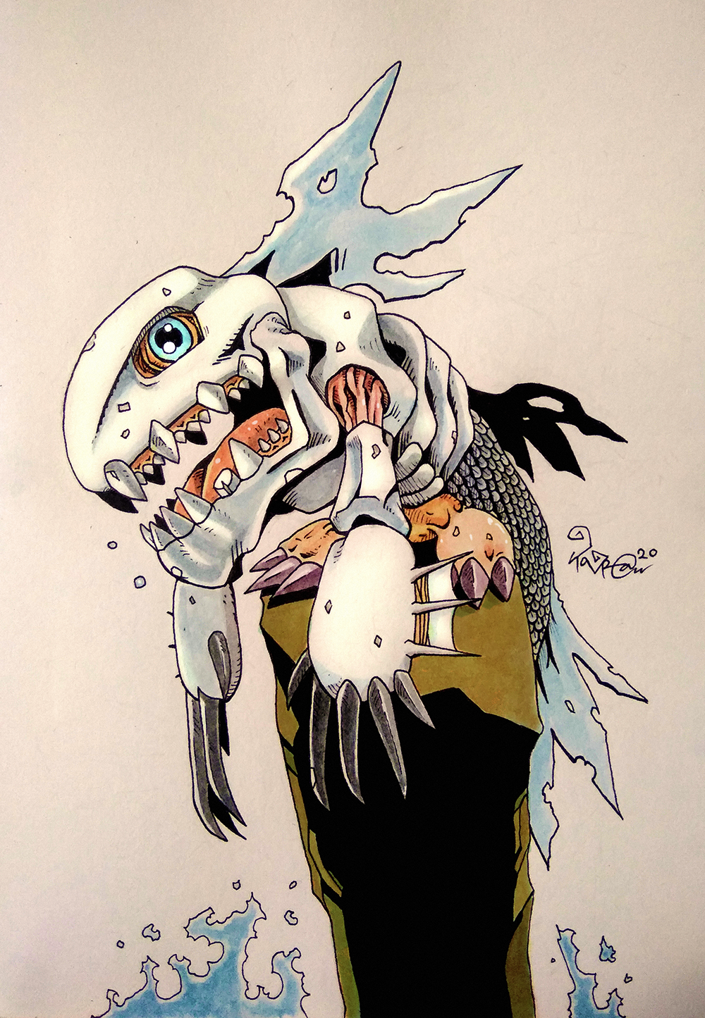 2020 arm_fins armor blue_eyes bone_armor carapace claws coelamon digimon digimon_(creature) exposed_muscle fins highres hunched_over inktober monster on_rock open_mouth painting_(medium) perching scales sea_monster sharp_teeth solo taragraphika teeth traditional_media water watercolor_(medium) white_armor