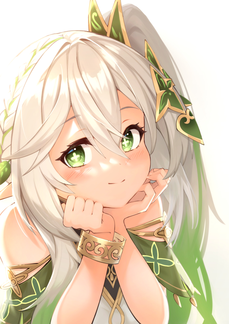 1girl blush closed_mouth dress elf genshin_impact green_eyes hair_ornament hands_on_own_face long_hair nahida_(genshin_impact) pointy_ears rizihike side_ponytail simple_background smile symbol-shaped_pupils white_background white_hair