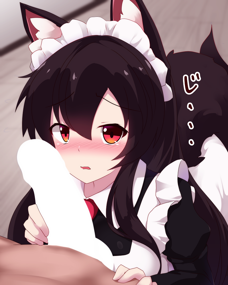 1boy 1girl alternate_costume animal_ear_fluff animal_ears apron black_dress blush brown_hair commentary_request dress embarrassed enmaided fang hetero imaizumi_kagerou long_hair looking_at_viewer maid maid_apron maid_headdress nose_blush open_mouth penis penis_awe penis_on_face red_eyes sivamaron solo_focus tail touhou translation_request upper_body white_apron wolf_ears wolf_girl wolf_tail