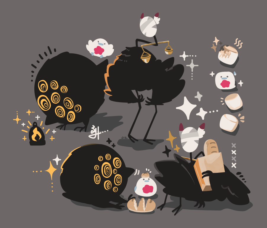 @_@ animal_focus bag balance_scale bandaged_head bandages big_bird_(project_moon) bird black_feathers bread campfire commentary english_commentary extra_eyes feather_hair feathers food grey_background holding holding_bag judgement_bird lobotomy_corporation looking_at_object marshmallow no_humans no_lineart notice_lines project_moon punishing_bird shadow simple_background sitting sparkle thatpebble weighing_scale yellow_eyes
