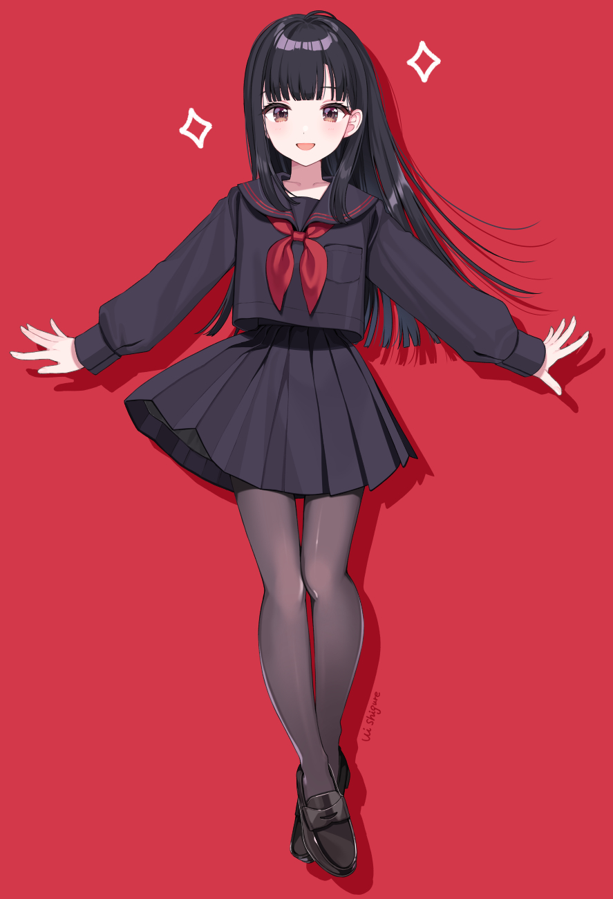 1girl :d black_eyes black_hair black_pantyhose black_sailor_collar black_serafuku black_shirt black_shoes black_skirt blunt_bangs blunt_ends breast_pocket commentary_request full_body highres long_hair long_sleeves looking_at_viewer miniskirt open_mouth original outstretched_arms pantyhose pleated_skirt pocket red_background sailor_collar school_uniform serafuku shadow shigure_ui shirt shoes sidelocks simple_background skirt sleeves_past_wrists smile solo straight-on
