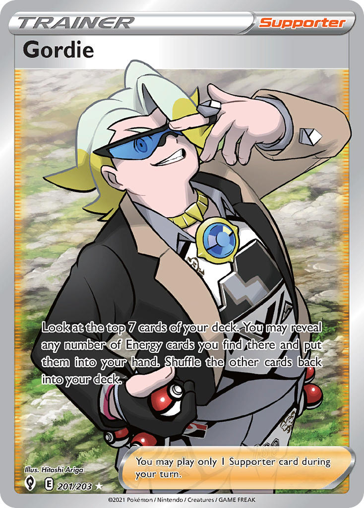 1boy ariga_hitoshi artist_name black-framed_eyewear black_gloves blonde_hair blue-tinted_eyewear blue_gemstone card_(medium) character_name company_name copyright_name copyright_notice dynamax_band english_text gem gloves gordie_(pokemon) grin holding holding_poke_ball jacket jewelry long_sleeves male_focus medium_hair multicolored_hair necklace nintendo official_art open_clothes open_jacket outdoors partially_fingerless_gloves poke_ball poke_ball_(basic) pokemon pokemon_card pokemon_swsh pokemon_tcg shirt single_glove smile solo standing sunglasses teeth third-party_source tinted_eyewear trading_card two-tone_hair waist_poke_ball white_hair