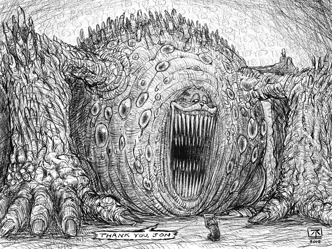1boy 2019 animal_ears body_horror cat cat_ears eldritch_abomination evil_smile extra_teeth garfield garfield_(character) giant giant_monster graphite_(medium) greyscale horrified horror_(theme) jon_arbuckle jr_(jarsarts) kneeling looking_at_another looking_down lying monochrome monster no_pupils on_stomach open_mouth religious_offering sharp_teeth simple_background sketch smile speech_bubble teeth traditional_media white_eyes