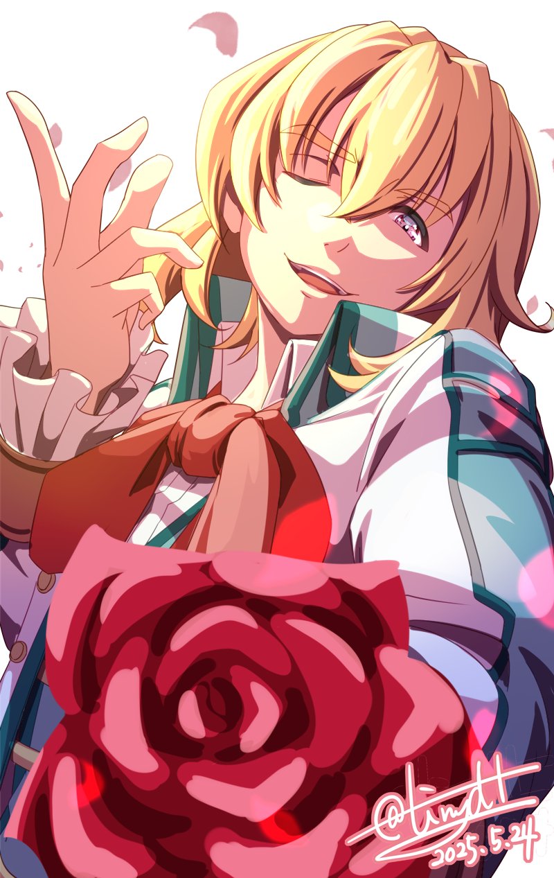 1boy blonde_hair dated double-parted_bangs eiyuu_densetsu falling_petals flower hair_between_eyes highres holding holding_flower long_hair looking_at_viewer male_focus olivert_reise_arnor one_eye_closed open_mouth petals ponytail rose signature smile solo sora_no_kiseki tinybiard twitter_username upper_body yellow_eyes