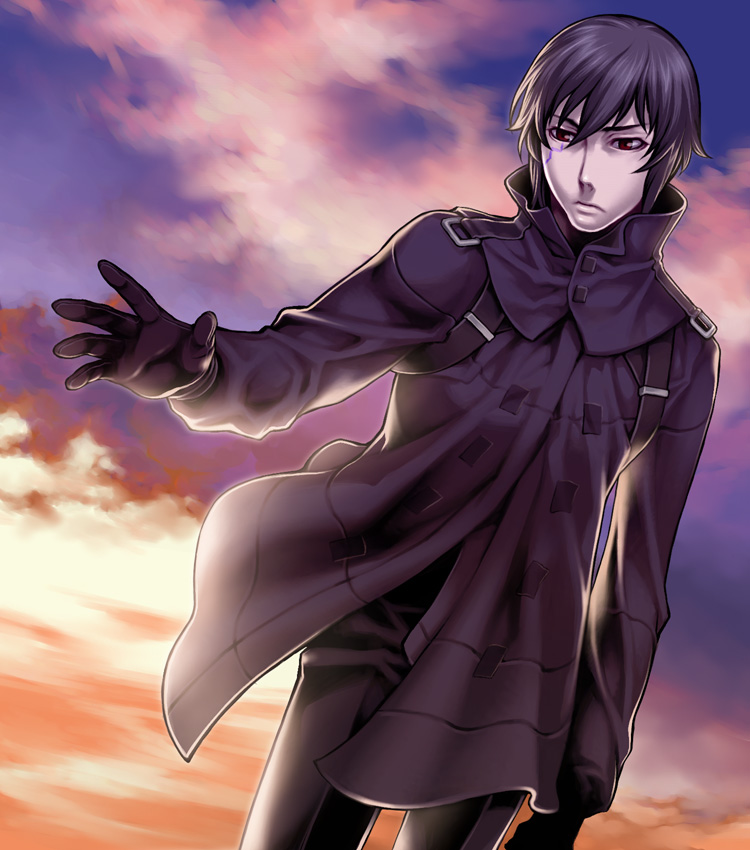 00s 1boy banbuji black_eyes black_hair blassreiter facial_mark gloves joseph_jobson male_focus sky solo